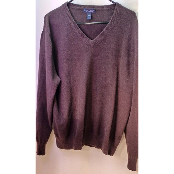 Grant Thomas Brown Cashmere V-Neck Sweater Size L Classic Menswear Luxury - Picture 3 of 6